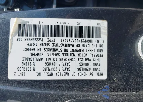 2012 Honda Accord 2.4 Lx-P from USA, damaged, VIN 1HGCP2F40CA184354